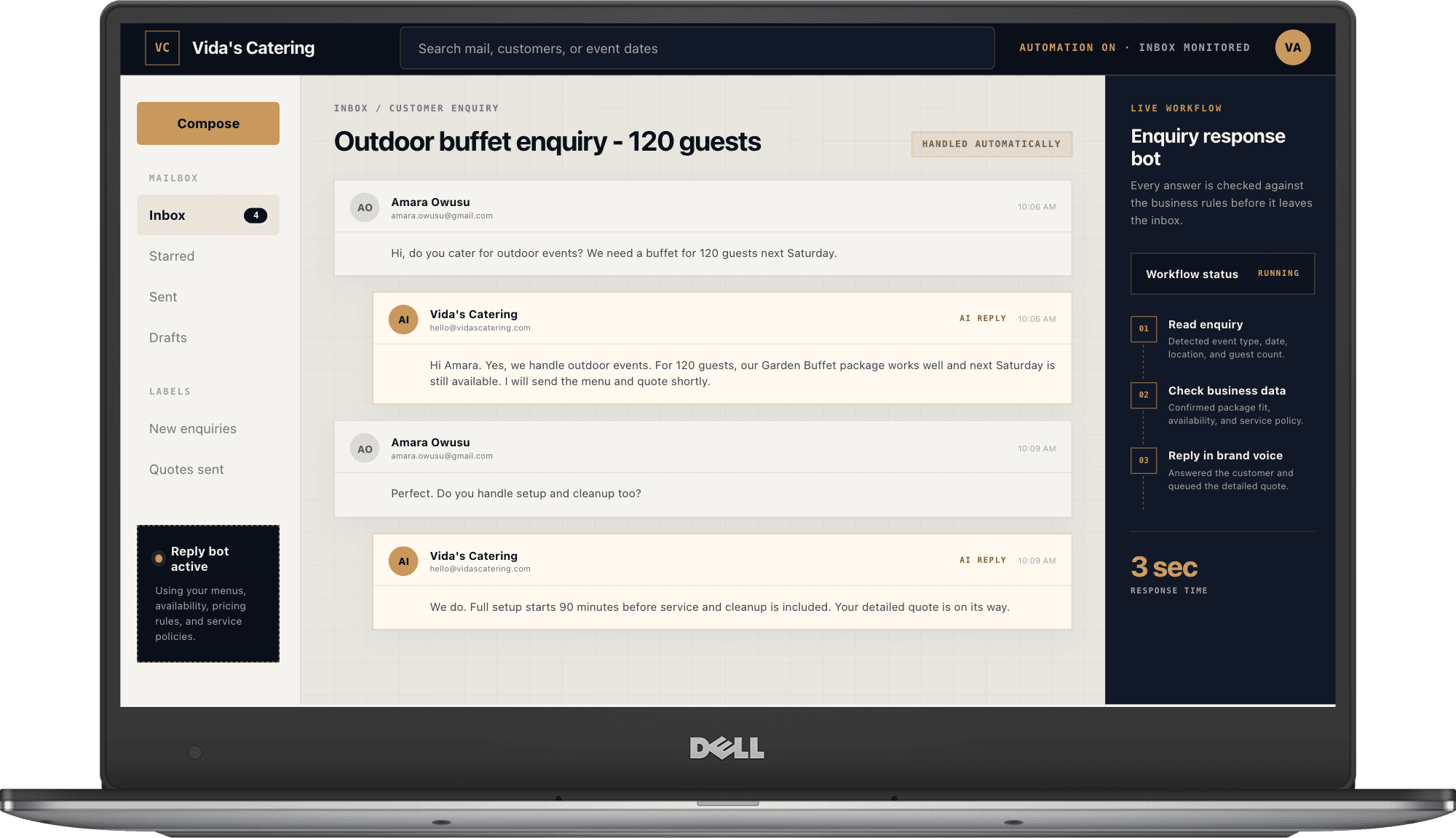 Automated email response workflow shown inside a Dell XPS 13 mockup
