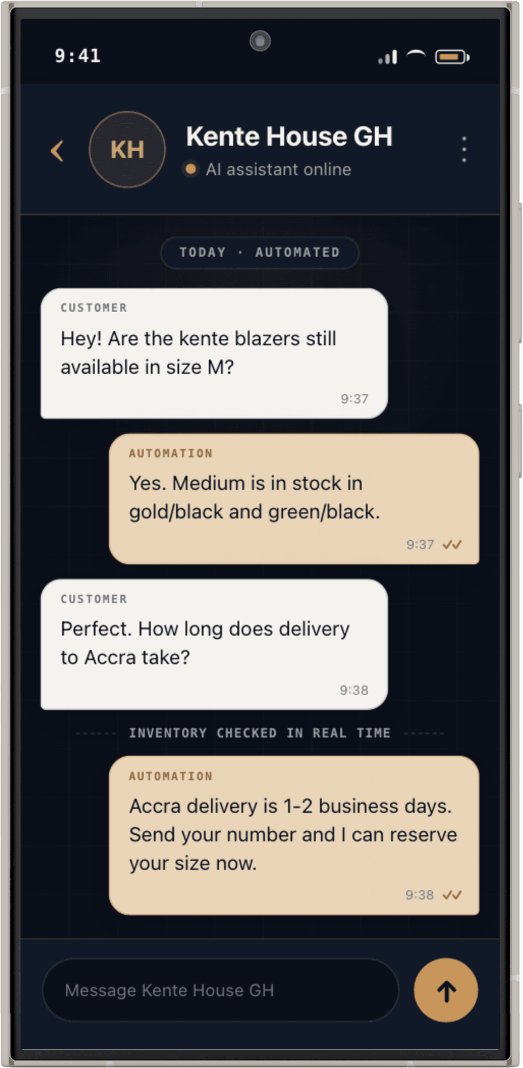 Messaging bot conversation shown inside a Galaxy S24 Ultra mockup